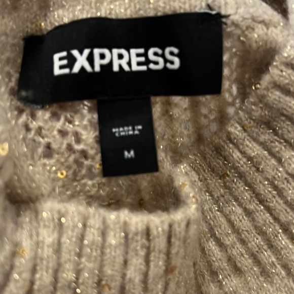 Metallic gold open stitch balloon sleeves mock neck sweater - Picture 9 of 11